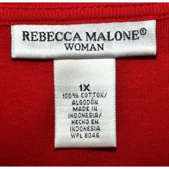 Rebecca Malone Red Knit Tunic Top Black Ribbon Trim Studded V-Neck Size 1X - Picture 8 of 9